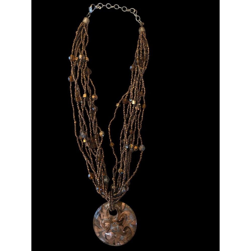 Multi-Strand Glass Bead Necklace With Bronze Swirl Pendant Art Glass Look